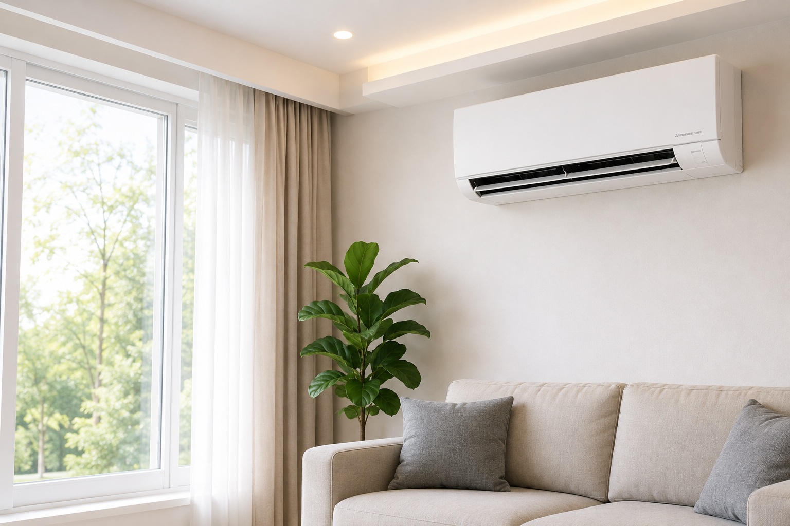 Modern living room with wall-mounted ductless AC and heating system